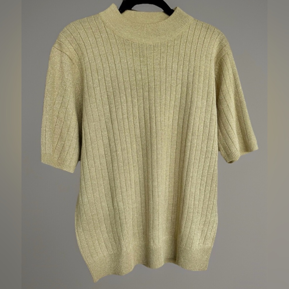 Sag Harbor Short Sleeve Pullover Mock Neck Ribbed Sweater Gold Metallic Large